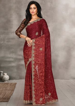 Red Georgette Brasso Saree With Blouse