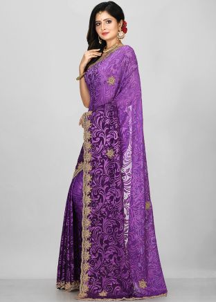 Purple Hand Work Georgette Brasso Saree