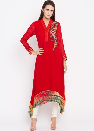 Red Asymmetrical Readymade Georgette Kurti