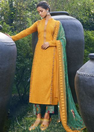 Yellow Embroidered Readymade Pant Suit Set In Cotton Silk