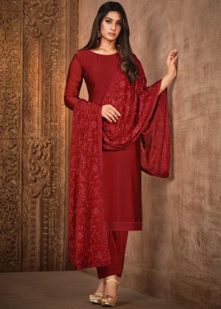 Embroidered Dupatta With Maroon Georgette Pant Suit 