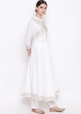 White Gota Patti Laced Flared Long Kurta With Pant