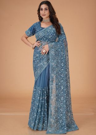 Blue Sequin Work Saree In Net