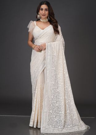 White Embroidered Saree In Georgette