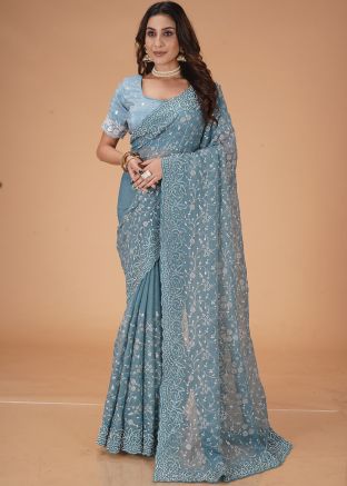 Blue Embroidered Saree In Georgette