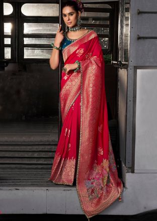 Red Embroidered Saree In Viscose