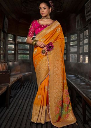 Yellow Zari Woven Saree In Viscose