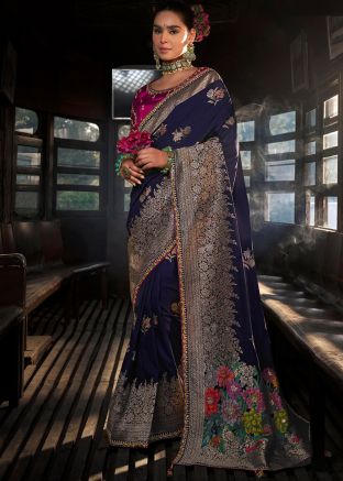 Blue Embroidered Viscose Saree