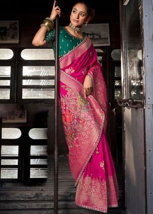 Pink Embroidered Saree In Viscose