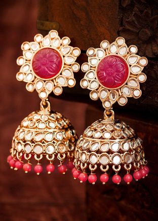 Magenta Indian Jhumka Online With Dropping Beads