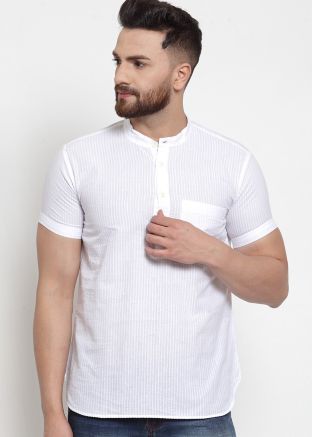 Readymade White Cotton Short Kurta