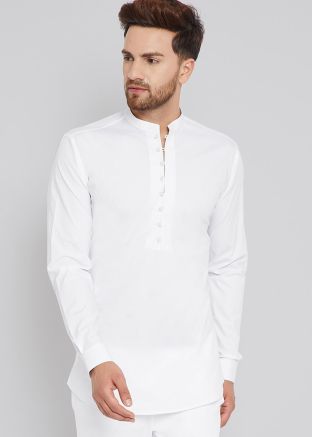 White Cotton Readymade Short Kurta For Men