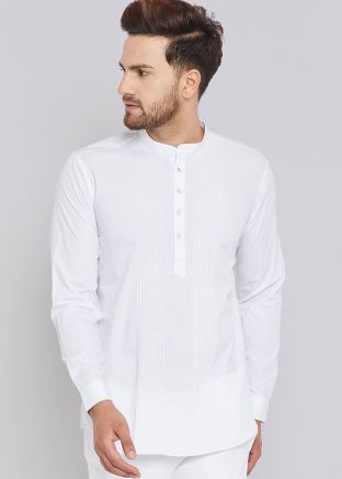 White Readymade Cotton Pintuck Wedding Kurta For Men