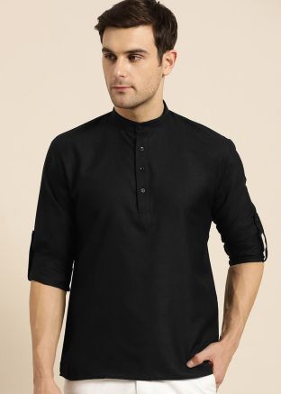 Black Readymade Cotton Short Kurta For Men Online