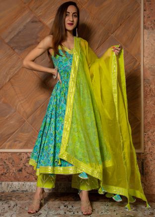 Readymade Blue Anarkali Style Hand Block Printed