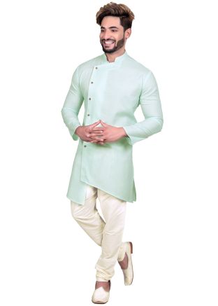 Green Cotton Asymmetric Readymade Kurta Churidar Set