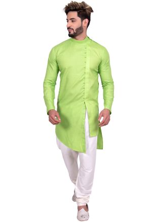 Green Cotton Asymmetric Readymade Kurta Churidar Set