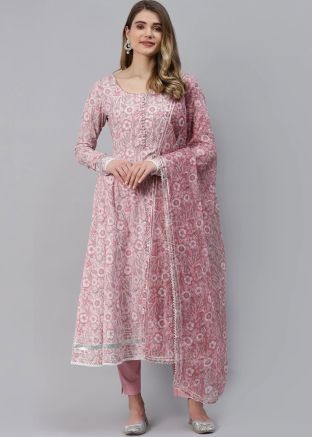 Readymade Pink Floral Printed Suit With Dupatta