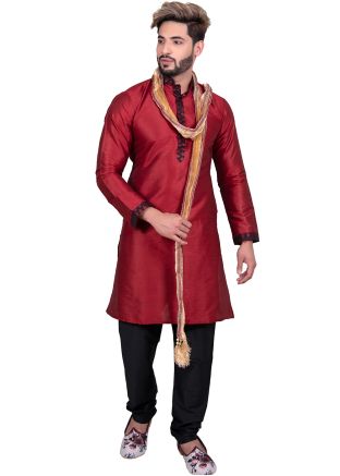 Maroon Readymade Art Silk Kurta With Churidar