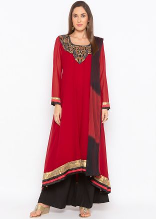 Readymade Maroon Embroidered Asymmetric Palazzo Suit Set