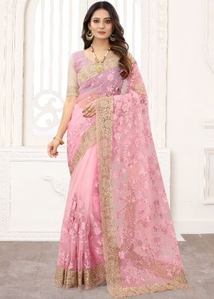 Shop Pink Embroidered Border Party Wear Net Saree Online Shopping
