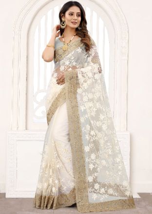 Designer White Embroidered Border Net Indian Wedding Saree With Blouse