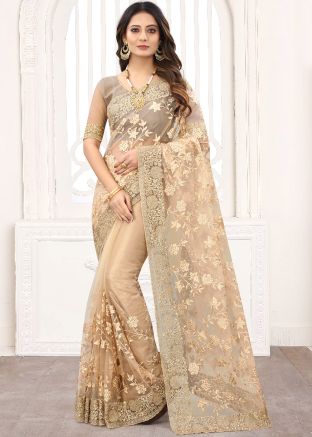 Beige Embroidered Border Party Wear Saree