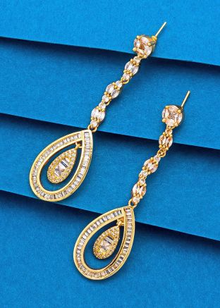 Golden American Diamond Studded Dangler Earrings