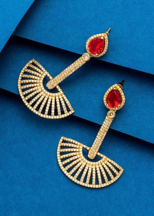 Golden Studded American Diamond Dangler Earrings