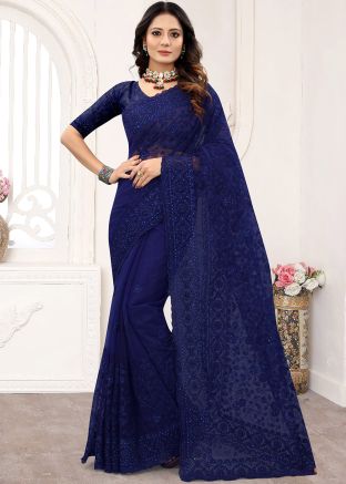 Stone Embellished Blue Saree In Net 