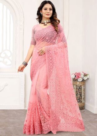 Resham Embroidered Net Saree & Blouse In Pink
