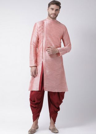 Pink Readymade Angrakha Style Slit Kurta With Dhoti
