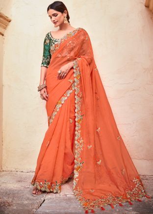 Orange Embroidered Saree In Organza