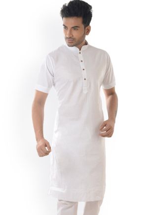 White Readymade Cotton Kurta For Men