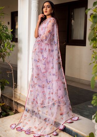 Purple Floral Printed Saree In Organza