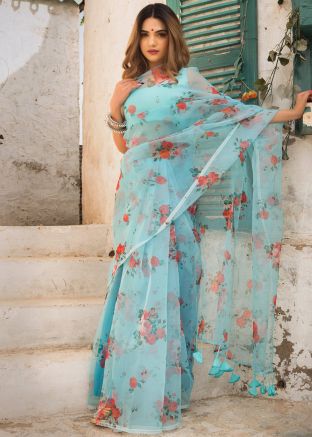 Blue Organza Saree In Floral Print