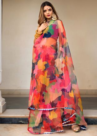 Floral Printed Multicolored Saree In Organza