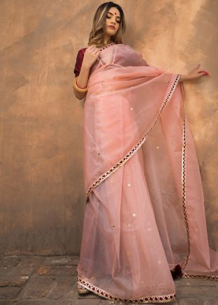 Peach Organza Lace Work Saree
