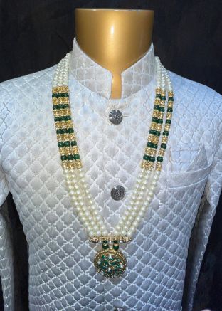 Beaded White & Green Layered Kantha Mala