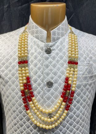 Beaded Cream & Red Layered Kantha Mala