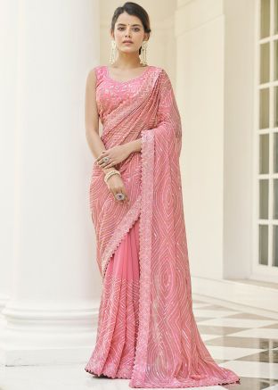 Pink Embellished Georgette Saree With Blouse