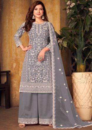 Grey Embroidered Net Palazzo Suit With Dupatta