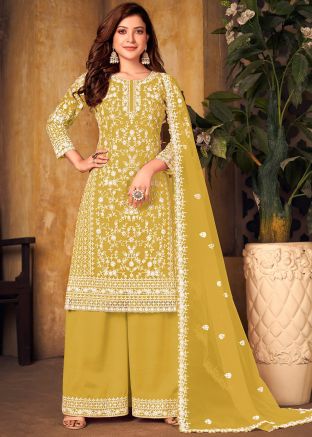 Yellow Net Palazzo Suit Set With Embroidery Details