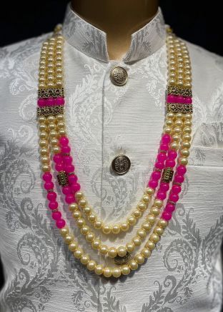 Cream Beaded Mens Alloy Based Kantha Mala
