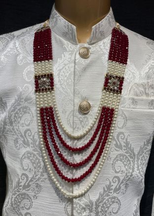 Maroon And White Beaded Groom Kantha Mala