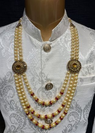 Cream Beaded Kantha Mala With Beads