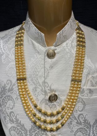 Cream Beaded Kantha Mala For Men