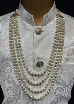 White Beaded Multichain Kantha Mala