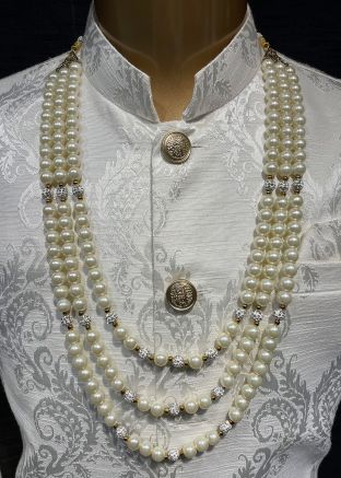 White Beaded Multichain Mens Kantha Mala