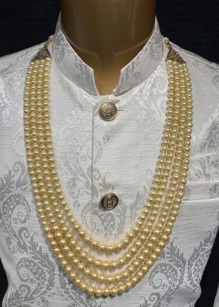 Cream Beaded Kantha Mala For Men